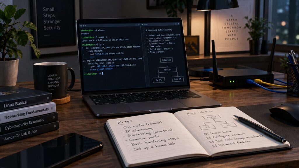 Escritorio doméstico preparado para empezar a aprender ciberseguridad, con portátil, Linux, router y apuntes.