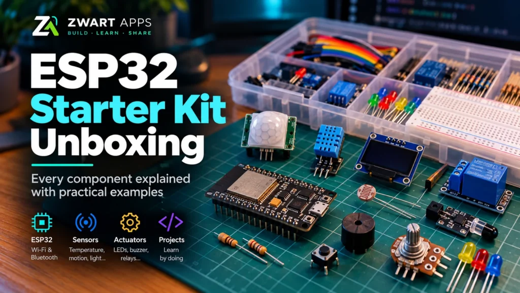 ESP32 starter kit with development board, breadboard and electronic components