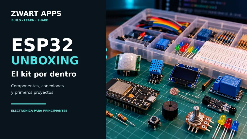 Kit ESP32 con placa, protoboard y componentes electrónicos